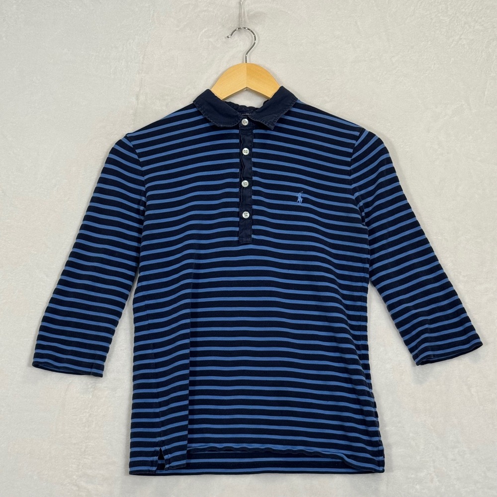 Ralph Lauren Golf Navy Blue Striped 3/4 Sleeve Polo Shirt Size M